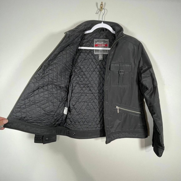 Eddie Bauer WeatherEdge Trucker Jacket Womens Large Black Shiny Full Zip Y2K - Picture 3 of 8
